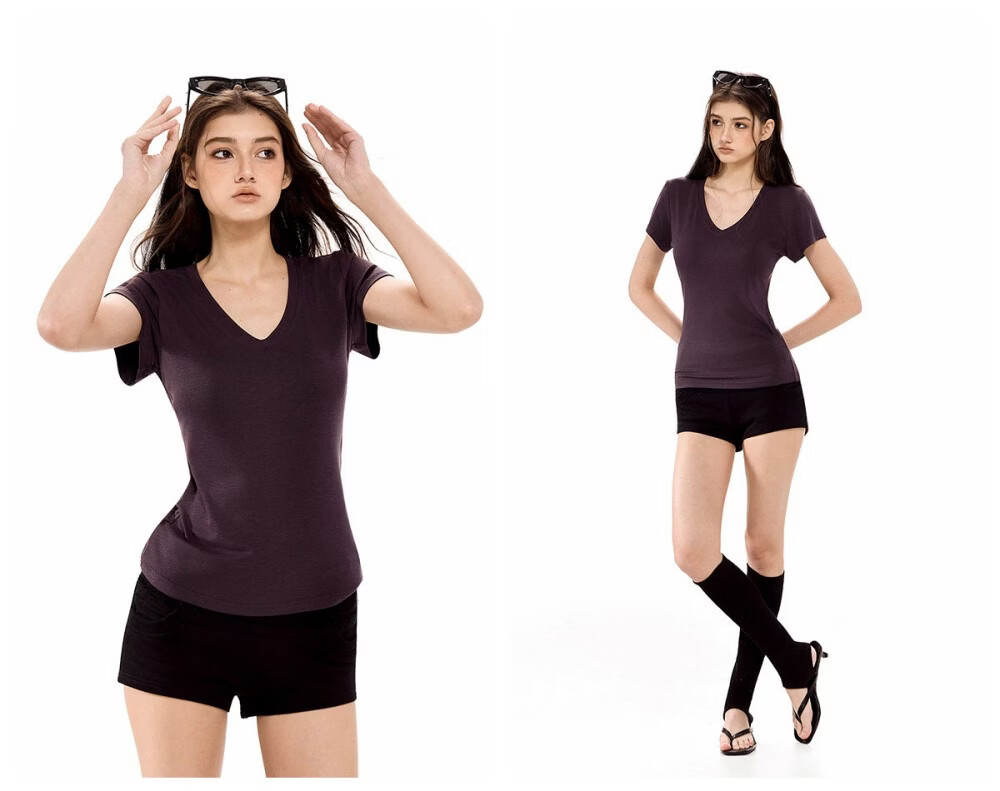 ICH MODE Slim Fit Stretch V-Neck Short Sleeve T-Shirt Women Summer New Casual Sports Shoulder Top Crop Light Purple M 10