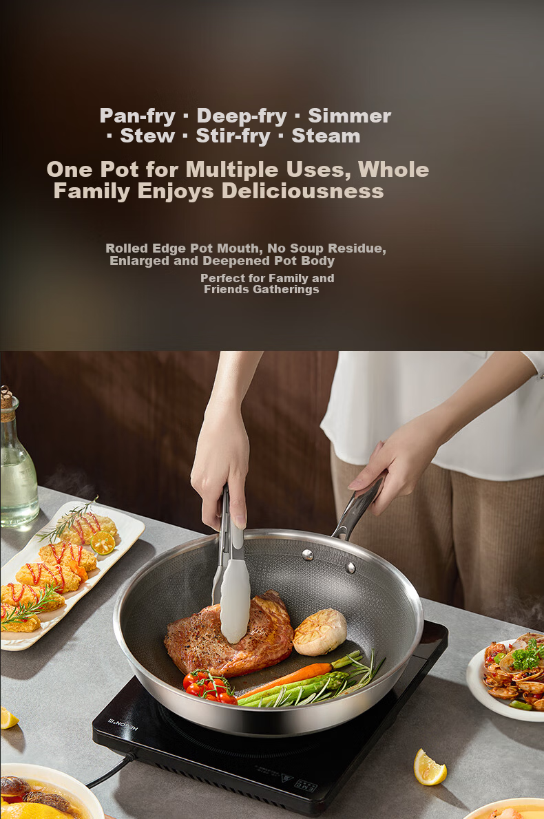 Midea Non-Stick Wok, Household Frying Pan, Flat Bottom Pan, 316L Stainless Steel Cooking Pot, Compatible with Induction Cooker And Gas Stove, Frying Egg Pa 17
