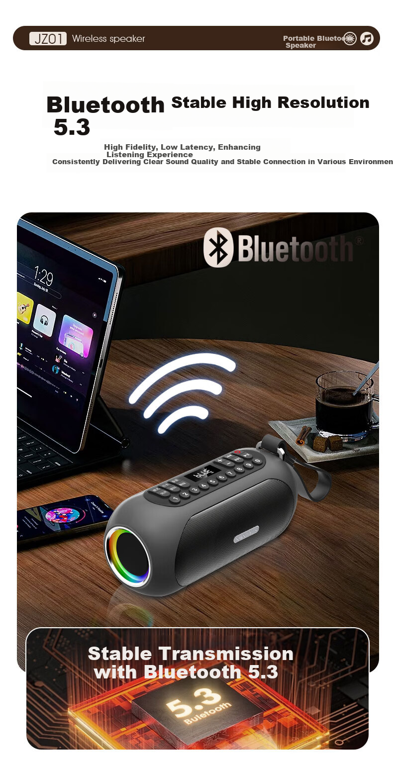 Jinzheng JZ03 Bluetooth Speaker IPX5 Waterproof Outdoor High Volume Deep Bass Cool Lighting Home Desktop Portable Long Battery Life Wireless Speaker Elegant Blue 6