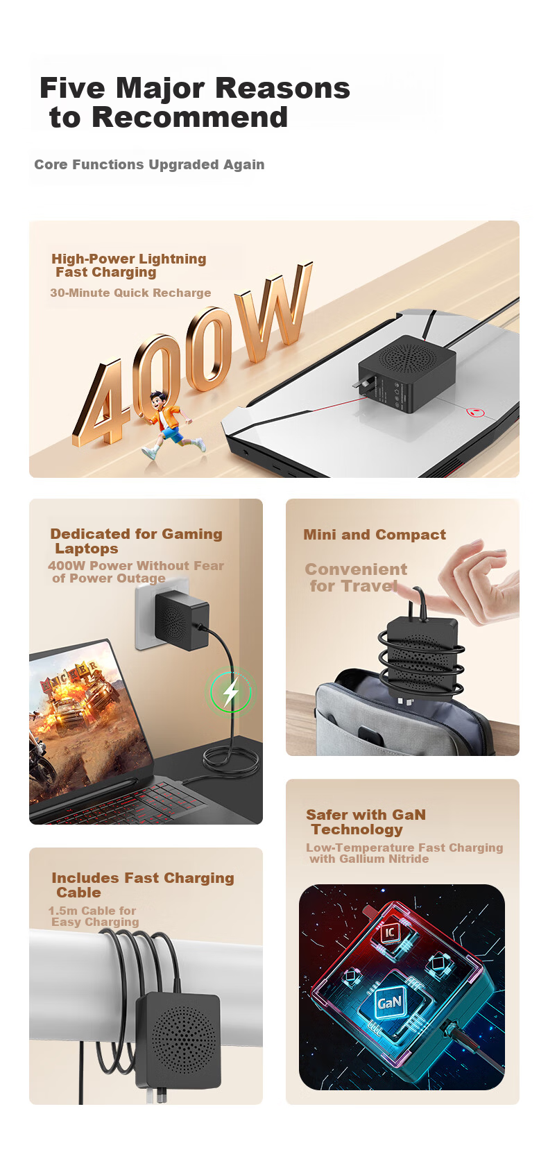 Elei Power Adapter for ASUS G815 FX608L J Phantom 16 Tianxuan AI 380W 20V19A GaN Charger with Small Square Port 2