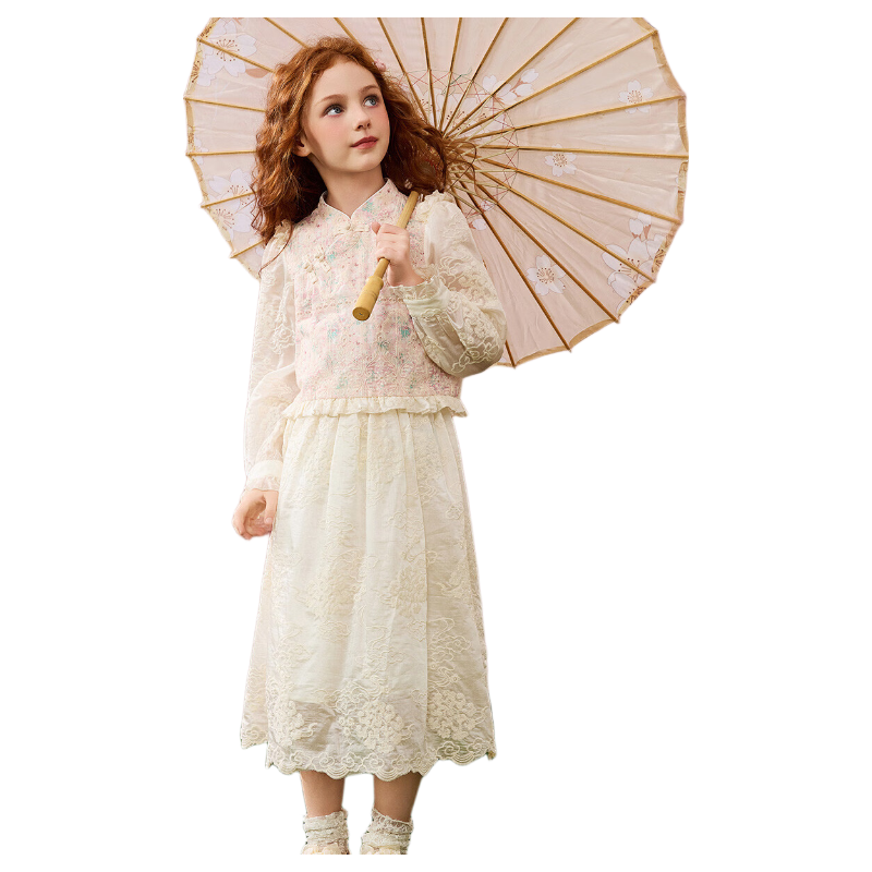 ASK JUNIOR Chinese-Style New Modern Children's Outfit, Autumn Girls' Lace Top And Skirt Two-Piece Set, Beige, Size 170