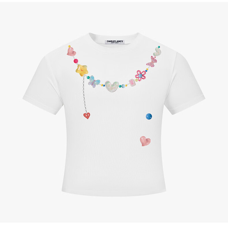 Charles Heart Trendy Love Heart Necklace Print Slim Fit Short Sleeve T-Shirt for Girls Summer Sweet and Spicy Style Black XF 10