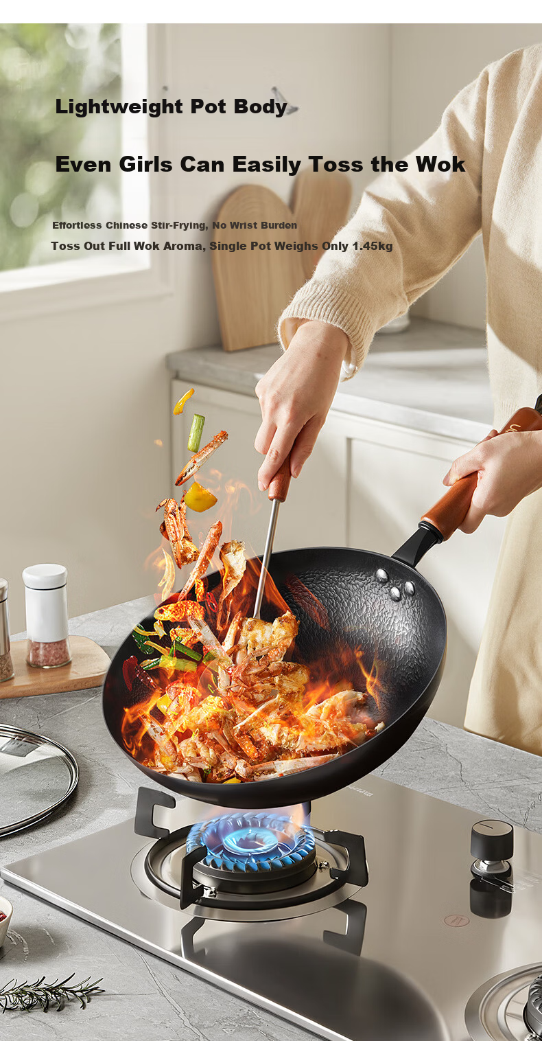 Sacon Handmade Forged Iron Wok Rust-Resistant Non-Coated Non-Stick Round Bottom Stir Fry Pan 32cm with Lid Compatible with Gas and Induction Cooktops 12