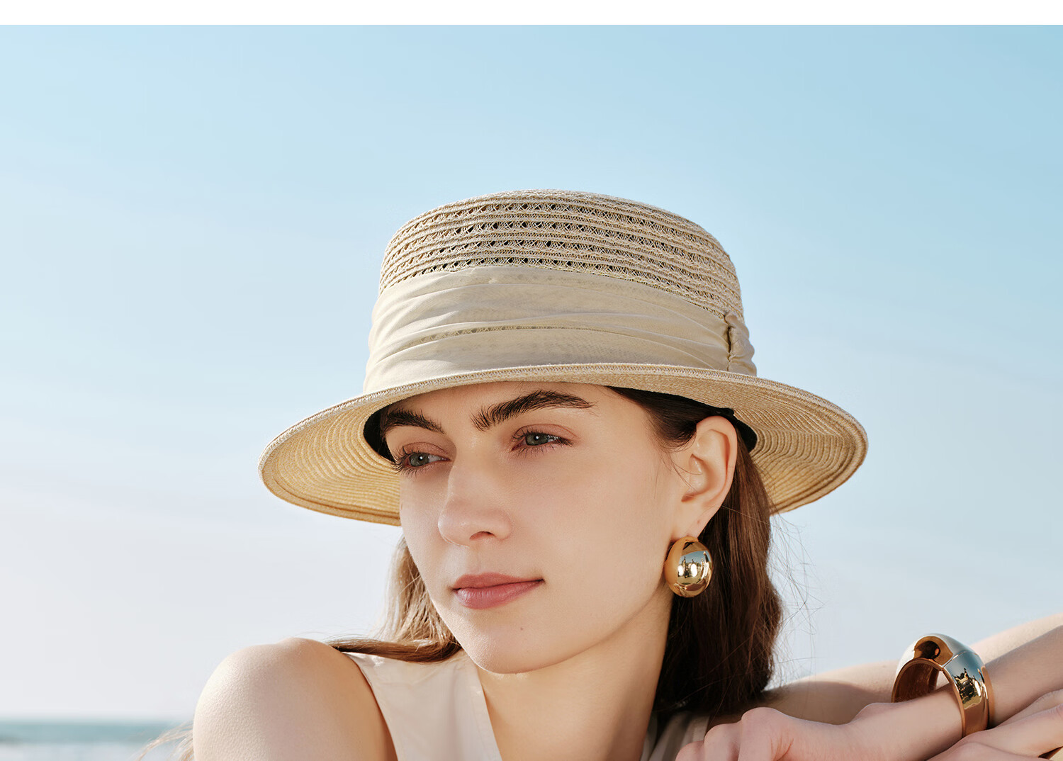 FANCET Mulberry Silk Waistband Straw Hat for Women Summer Beach Vacation French Flat Top Sunshade Sunscreen Luxury Elegant Hat 20