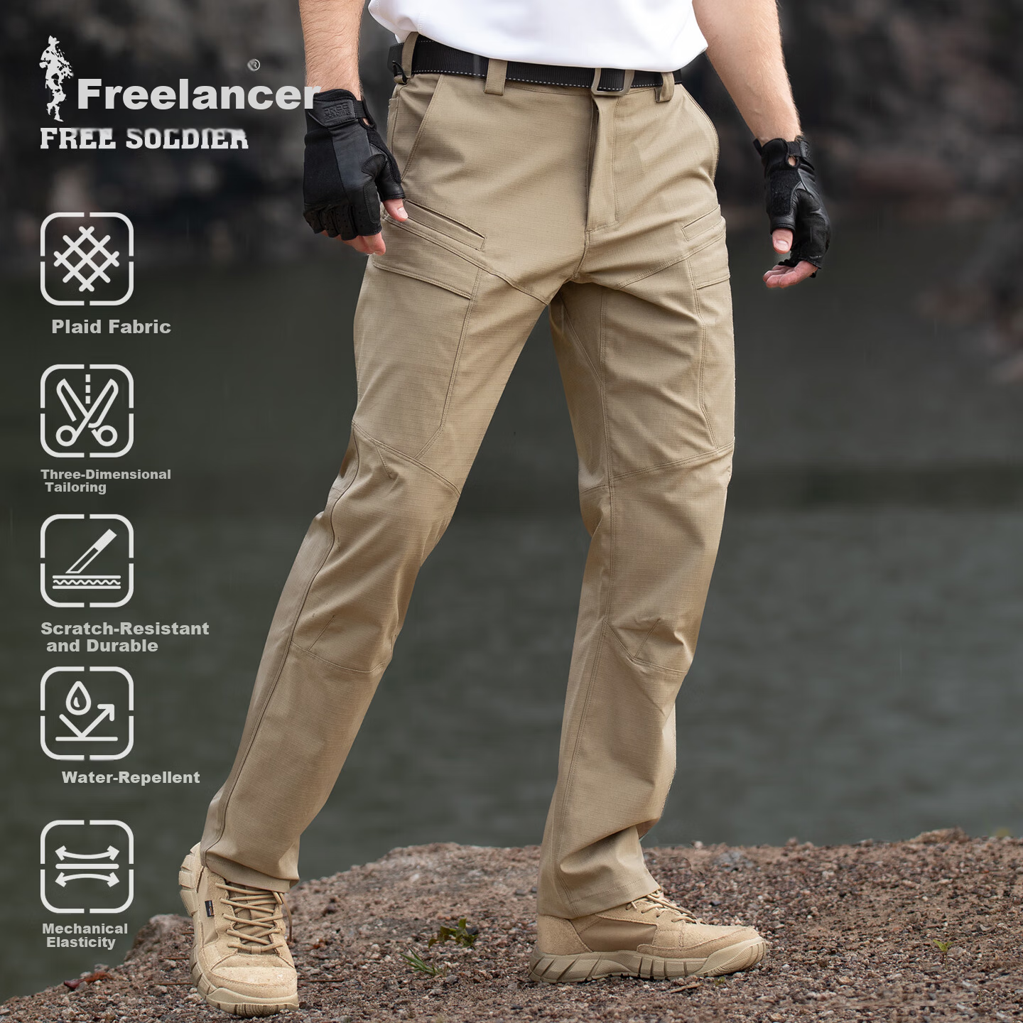 Free Soldier Peak Outdoor Tactical Work Pants Stretch Men's Casual Long Pants Scratch-Resistant Durable 34W/30L Wolf Brown