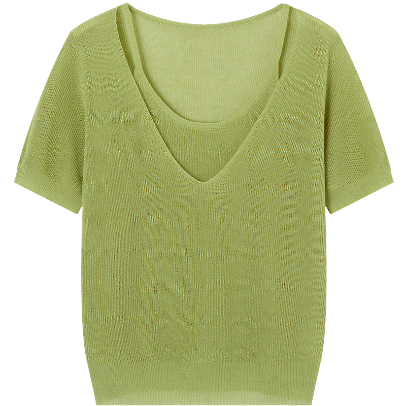 Demana [Breathable Tencel] Spring Design Fake Two-Piece Short Sleeve Sweater Gentle Slimming Women's Knitwear