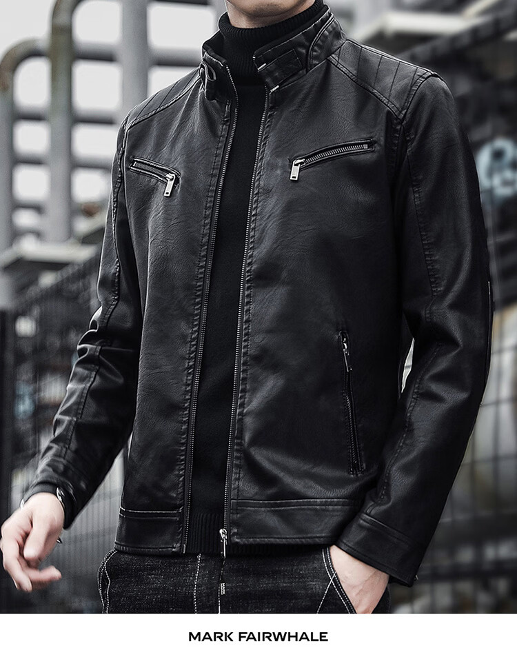 MARK FAIRWHALE Men's Leather Work Jacket Spring Autumn Stand Collar Biker Coat Coffee M 2