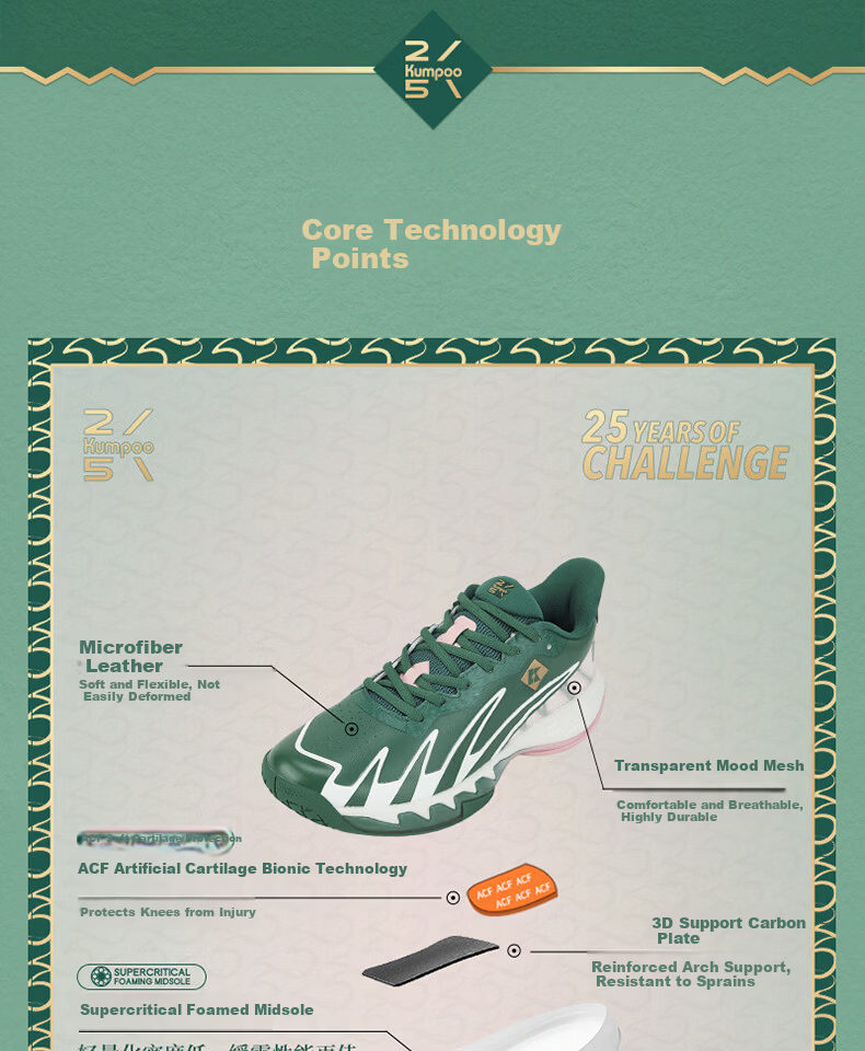 KUMPOO 25th Anniversary Limited Edition Badminton Shoes Anti-Twist Non-Slip Shock Absorption Training Shoes KH-G828.25th Green/Pink Size 35 3