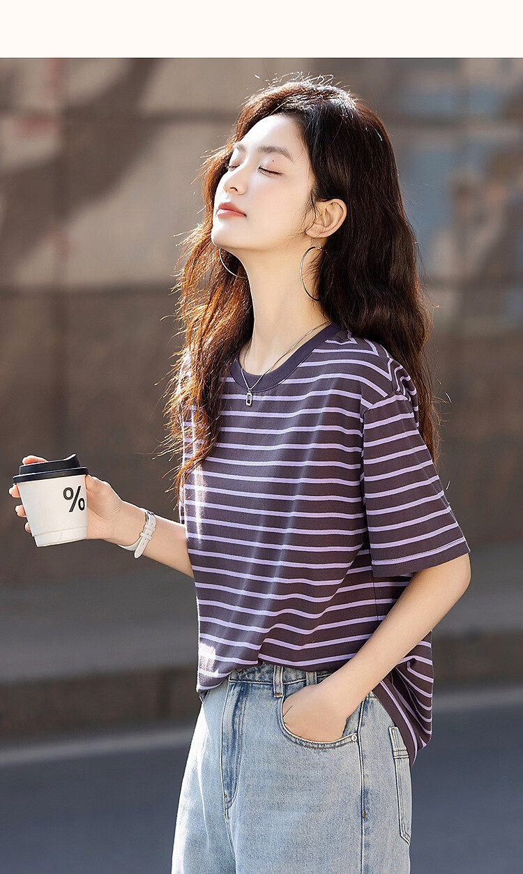 Demana [Sunshine Cotton] Summer Color-Block Crew Neck Five-Sleeve Base Shirt Loose Comfortable Women's T-Shirt for Petite 20