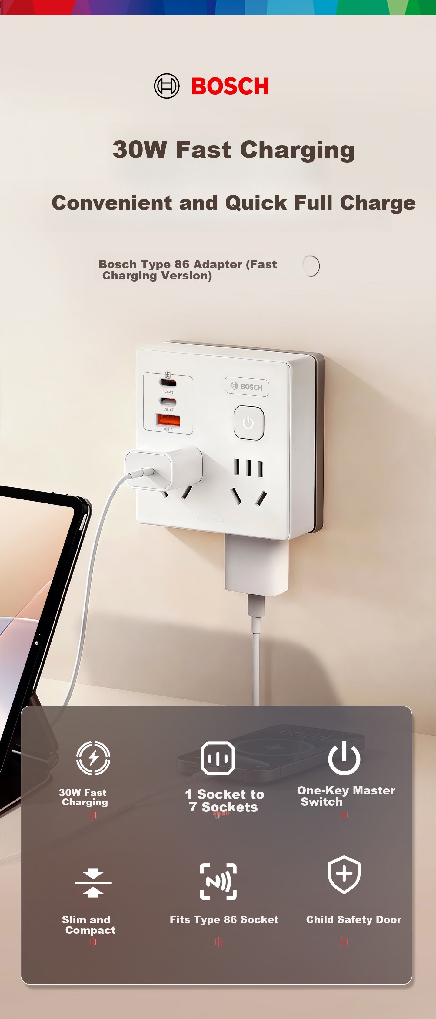 BOSCH 20W Fast Charging 86-Type Socket Converter/Adapter USB+Type-C Socket Extension Multi-Port Power Strip Wireless Multifunctional Socket PS86-0201 1