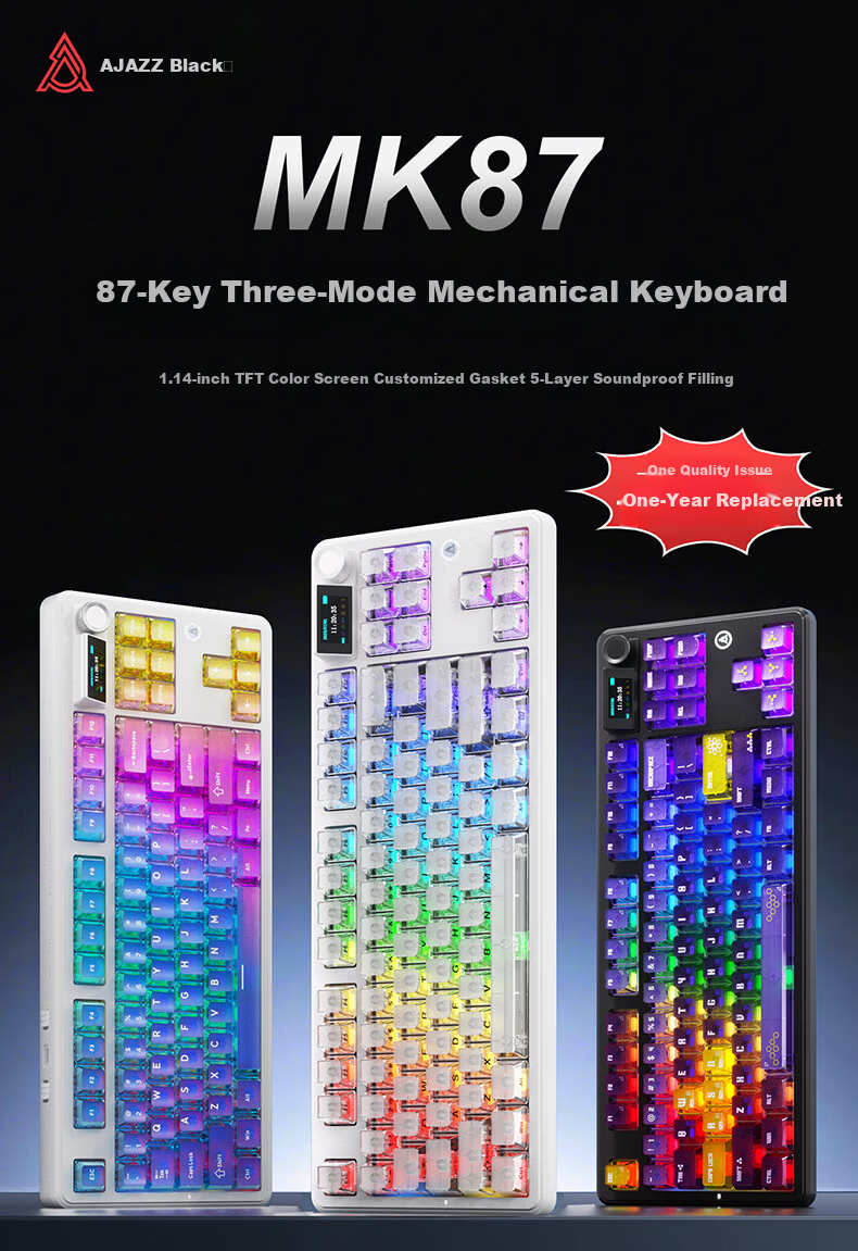 AJAZZ MK87 Wireless Mechanical Keyboard Dual 8K Report Rate Wired/2.4G/Bluetooth Gaming Mechanical Keyboard 10000mAh Gradient Pink Transparent Heart Edition Litchi Switch 1