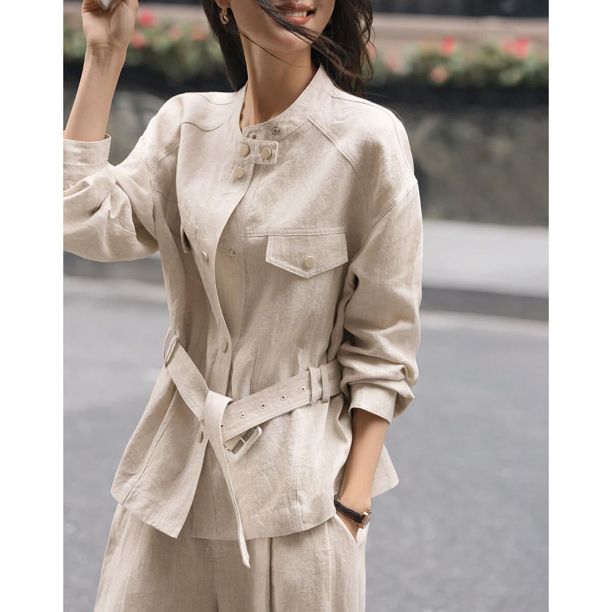Demana [100% Linen] Spring Moray Series Stand Collar Flap Pocket Adjustable Belt Drop Shoulder Petite Women's Jacket