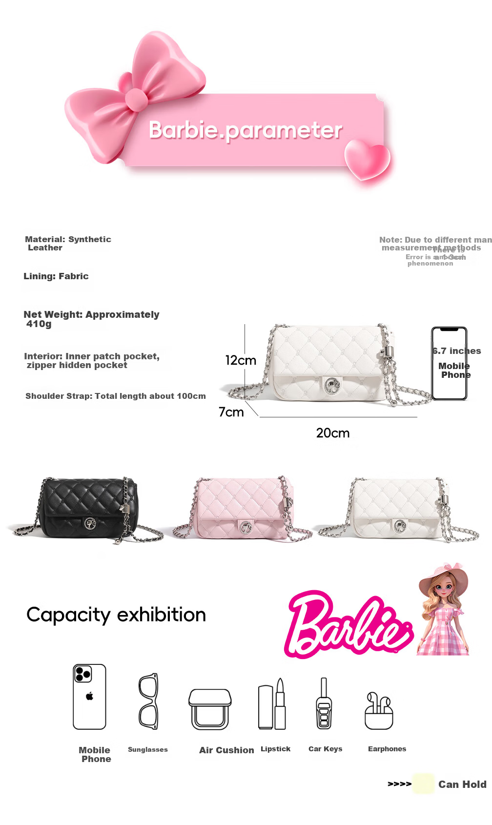 Barbie Women's Bag Luxury 2026 New Small Chanel Style Quilted Commuter Crossbody Shoulder Bag Birthday Valentine's Gift 3