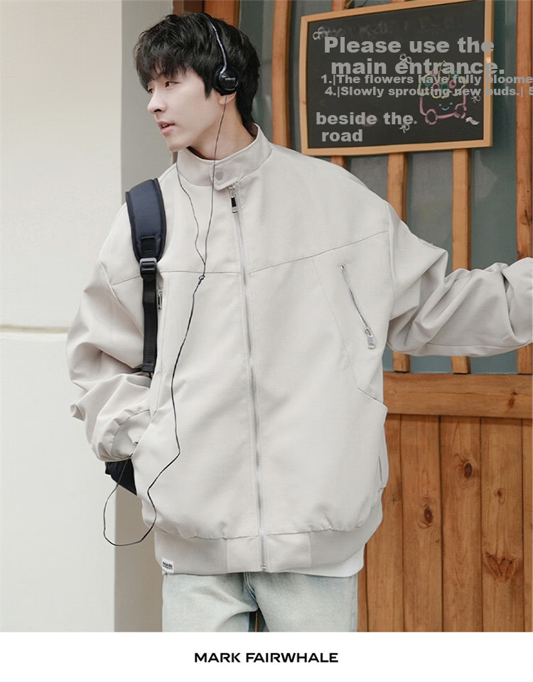 MARK FAIRWHALE Men's Jacket Spring and Autumn Flight Bomber Casual Baseball Coat Beige XL 9