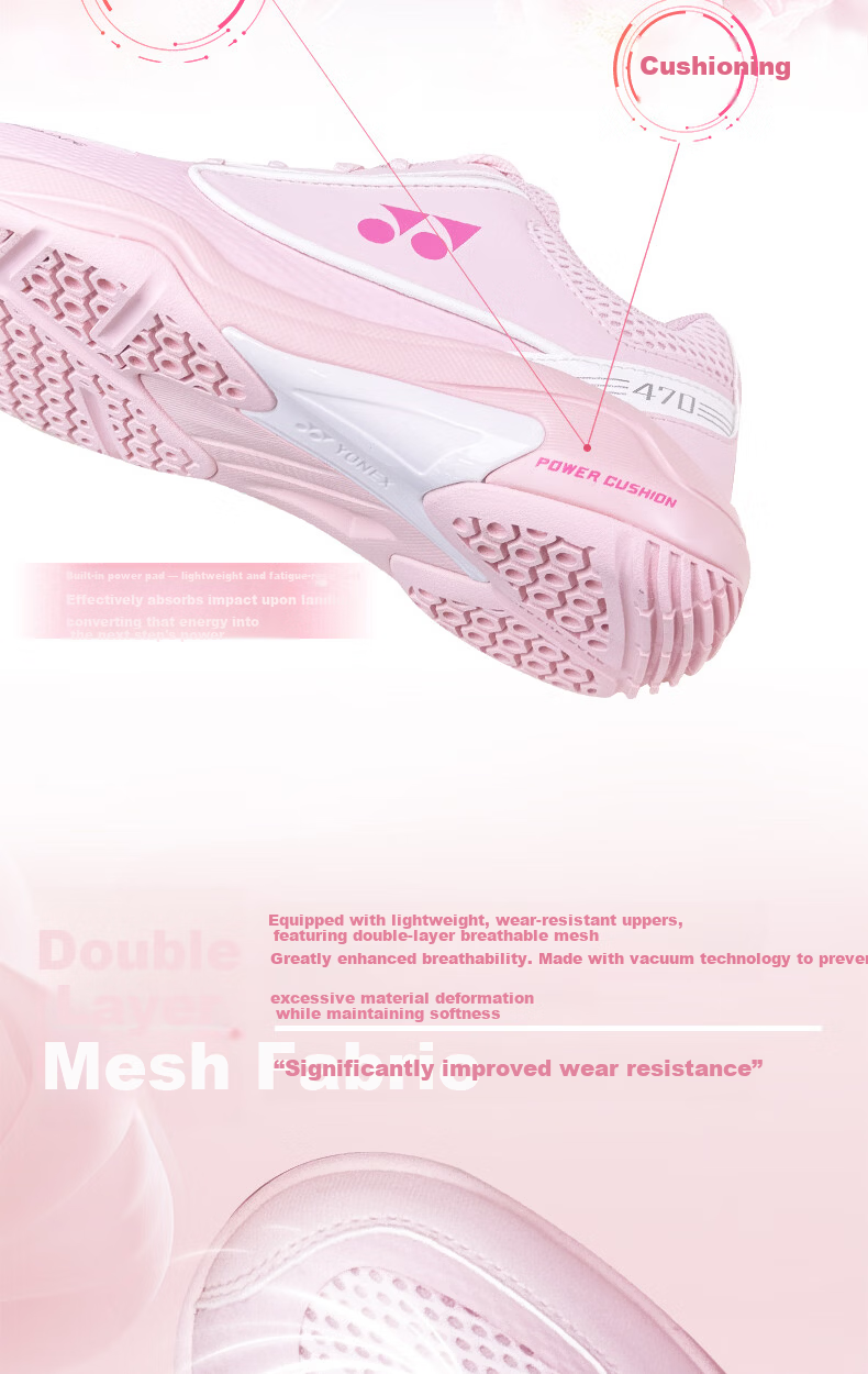 YONEX Badminton Shoes Competition Training Power Cushion Shock Absorption Non-Slip Breathable Sports Shoes SHB470CR Light Pink Size 37 3