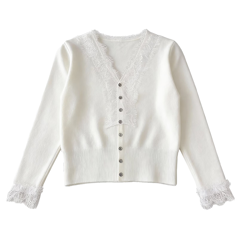 Demana Spring Elegant V-Neck Lace Trim Wool Blend Slim Fit Knit Cardigan for Women
