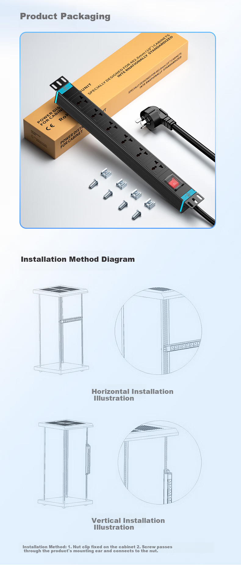 Guanghang PDU Cabinet Socket 6-Port 10A Universal Outlet with Switch 1.5mm² 2m Cable 2500W Industrial Power Strip Customizable GH-PDU-610 12