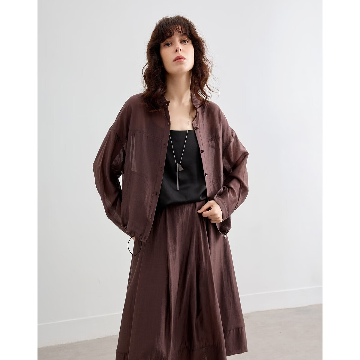 Demana Smooth Tencel Summer Lightweight Crew Neck Shell Button Hem Drawstring Loose Short Women's Jacket