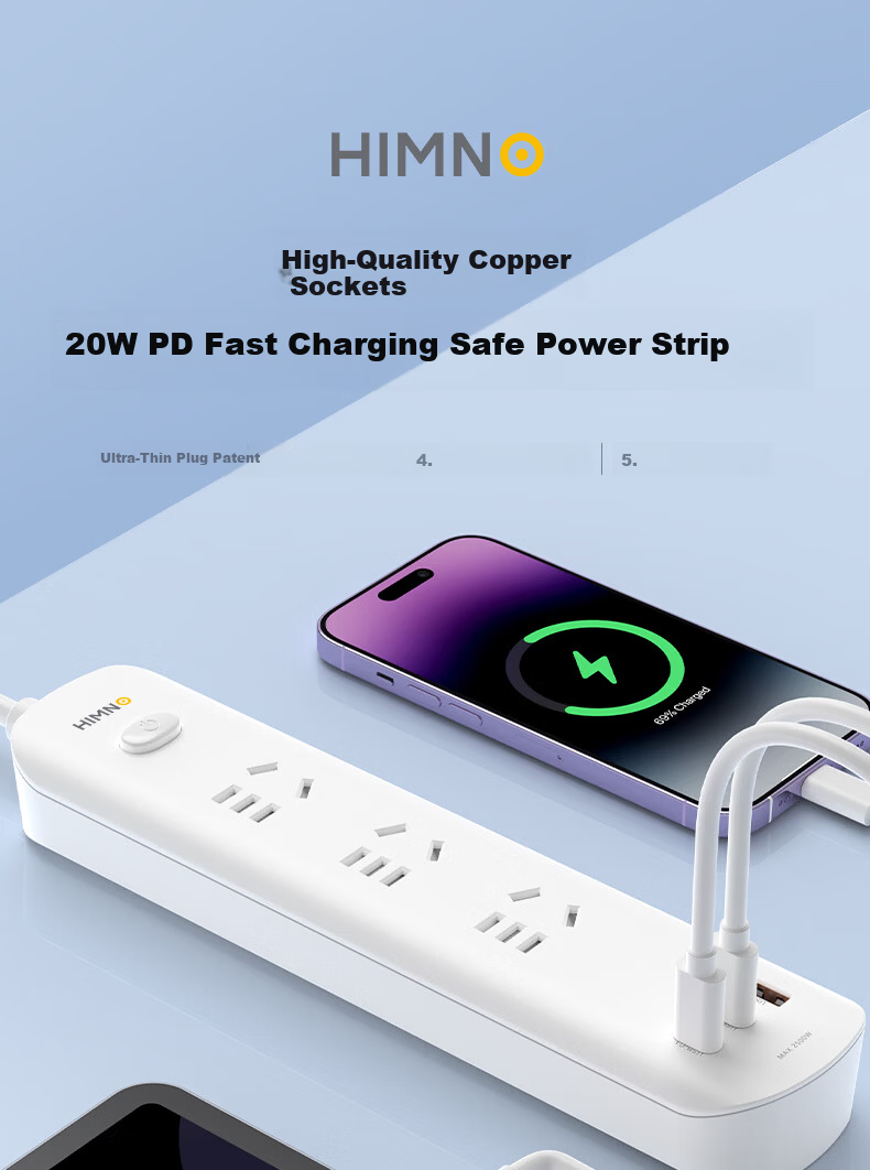 Ximino Digital Power Strip USB Multi-Port Extension Cord PD 20W/65W Socket Board Home Multifunctional Socket Master Control 3 Outlets 65W 1.5m 1