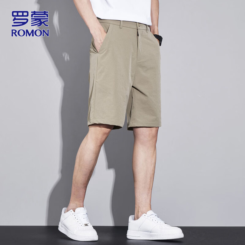 ROMON Men's Ice Silk Summer Lightweight Business Casual Five-Point Straight-Leg Suit Shorts Khaki M
