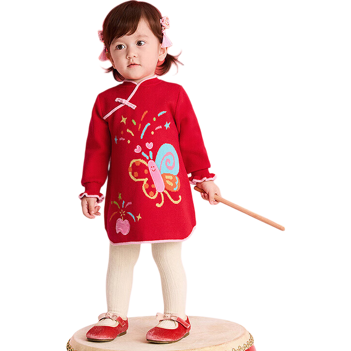 BALABALA ăbalaOneă Girls' New Chinese Style Qipao Dress Knitted Red New Year Celebration Dress
