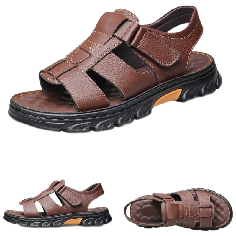 Jingzhenlianggong New Casual Soft Sole Men's Breathable Anti-Slip Sandals Slippers Dark Brown Leather Texture Style Size 40