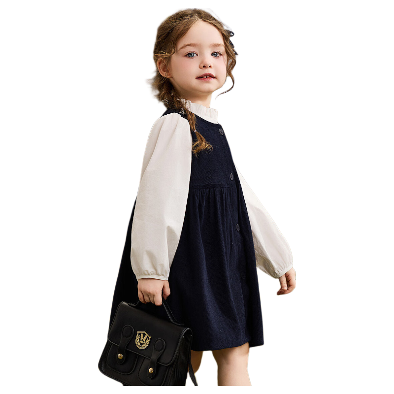 ASK JUNIOR Kids Spring Outfit Toddler Ruffled Lined Girls Vest Dress School Style Navy Blue Size 100