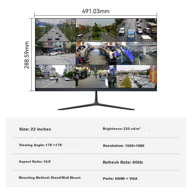 Peiqi Brothers 22-inch LED HD Monitor Home Office Industrial Security Surveillance Computer Display HDMI+VGA Interface Wall-Mountable