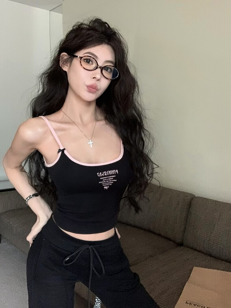 Modal Padded Bra Pure Sexy Girl Style Camisole Women Summer Sexy Letter Colorblock Print Slim Fit Outerwear Base Shirt 3