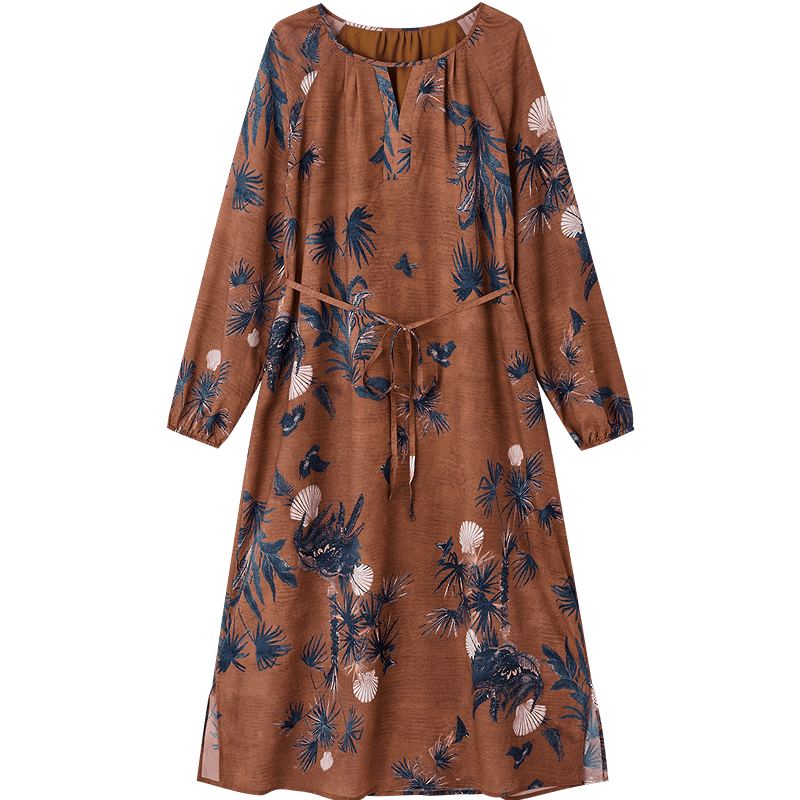 Demana Soft Mist Gloss Spring Romantic Elegant Crew Neck Printed Slit A-Line Petite Loose Women's Dress
