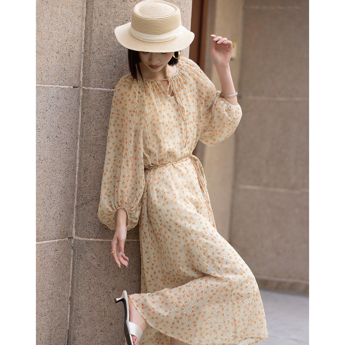 Demana [Flowers and Poetry] Spring Elegant Style Bubble Plaid Chiffon Printed Loose Slimming Dress for Women High-End Feel