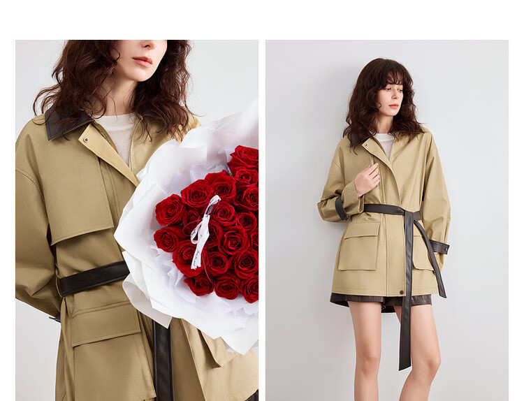 Demana Pure Cotton Barn Style Autumn Color-Block Lapel Splicing PU Patch Pocket Loose Slim Fit Women's Jacket Premium Quality 7