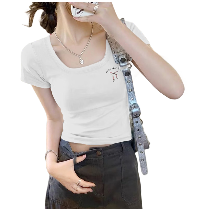 TonLion Tang Lion 2026 Spring Women's Square Neck Slim Fit Short Sleeve T-Shirt White L