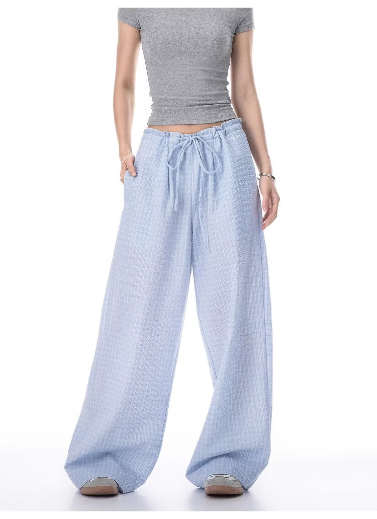 ICH MODE Women's American Style Plaid Summer Loose Wide-Leg Straight-Leg Sports Casual Pants Black XL 10