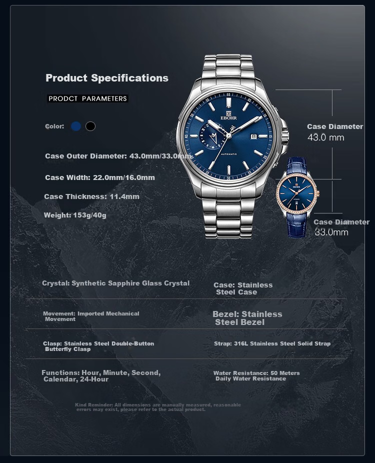 EBOHR Men's Automatic Mechanical Watch Fashion Calendar Stainless Steel Band Male Wristwatch New Year Valentine's Birthday Gift 13