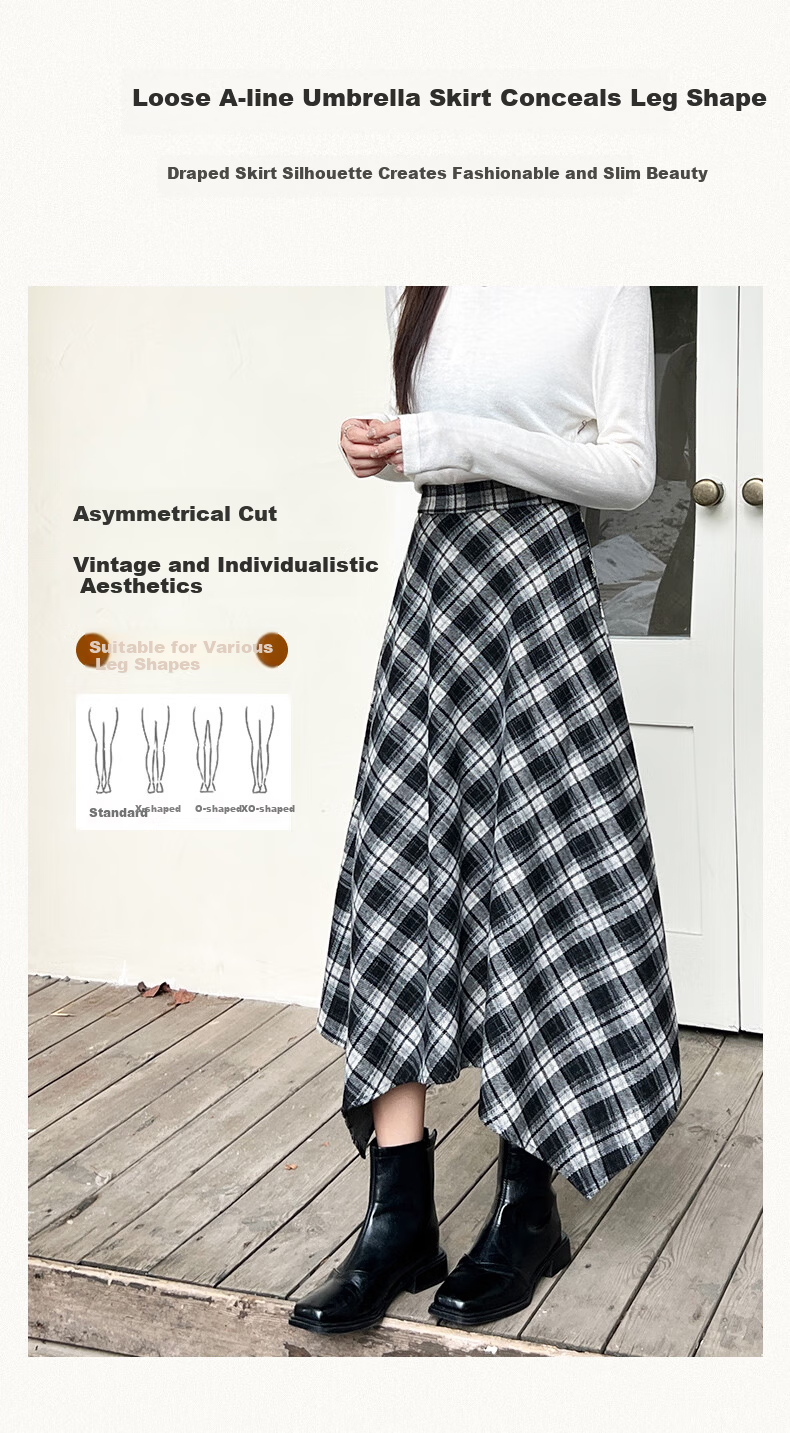 BOPRUIEY Vintage Plaid Irregular Women's Skirt 2025 New Autumn Winter A-Line Casual Mid-Length Skirt 8