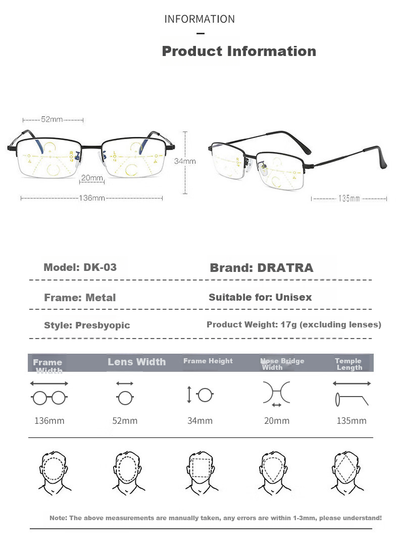 DRATRA Blue Light Blocking Progressive Multifocal Reading Glasses Unisex Half-Rim Square Frame for Presbyopia 4