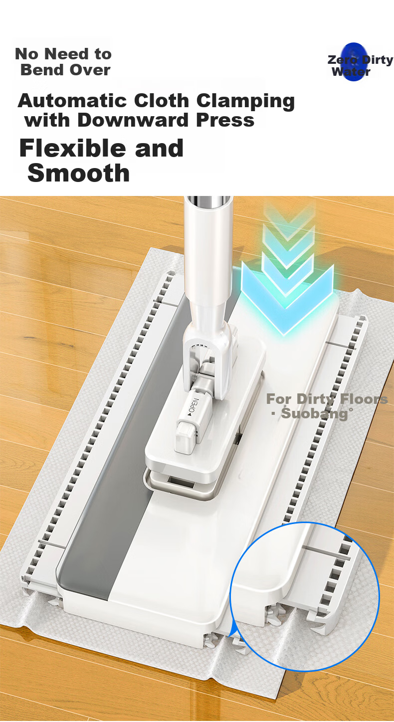 Sobon Facial Towel Flat Mop 24cm 2 Cloths Household Hands-Free Cleaning Mop Magic Telescopic Rod Clip Cloth Mop 3