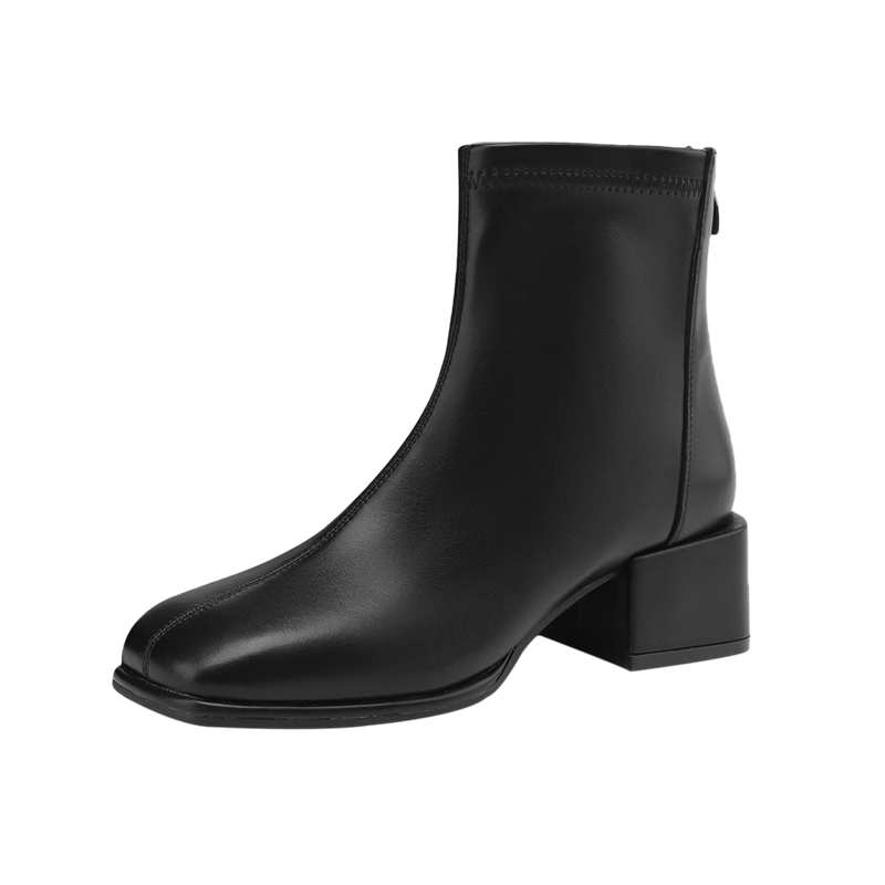 DAPHNE Women's Short Boots, Cowhide Square Toe, Chunky High Heel, Fleece-Lined Slim Boots, Commuter Women's Shoes 4023605002, Velvet Black, Size 36
