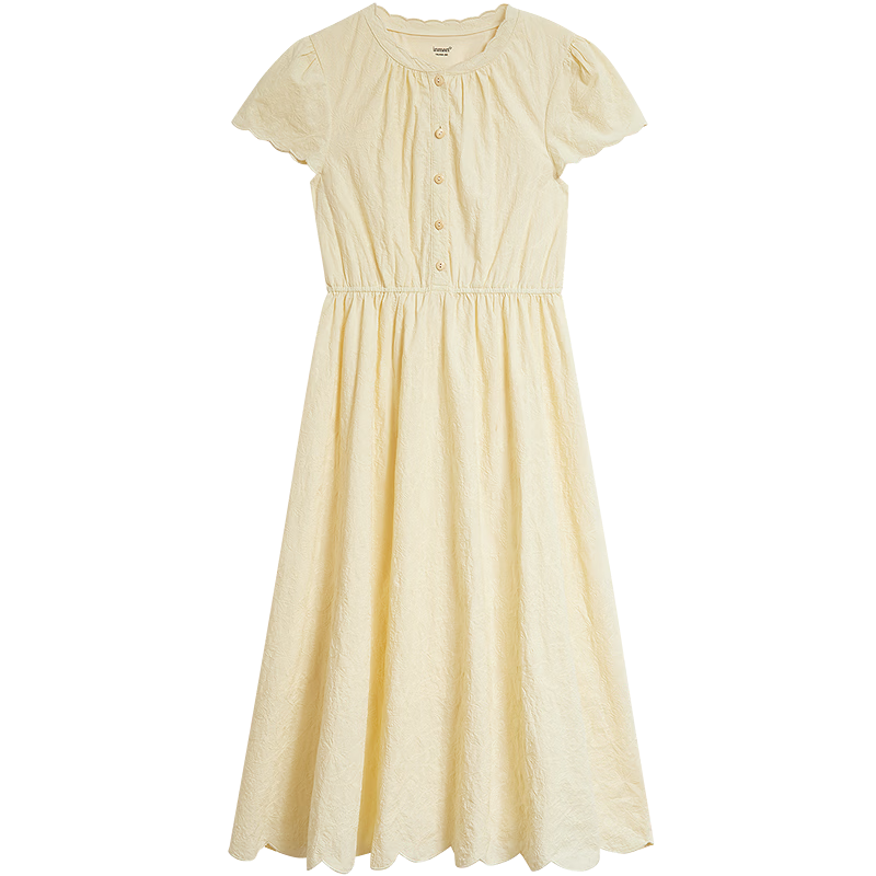 INMAN INMAN Floral Pattern Waist-Cinching Lace Dress, Summer 2026 New Style, Wavy Lace Trim Short-Sleeve Dress, Goose Yellow, Size L