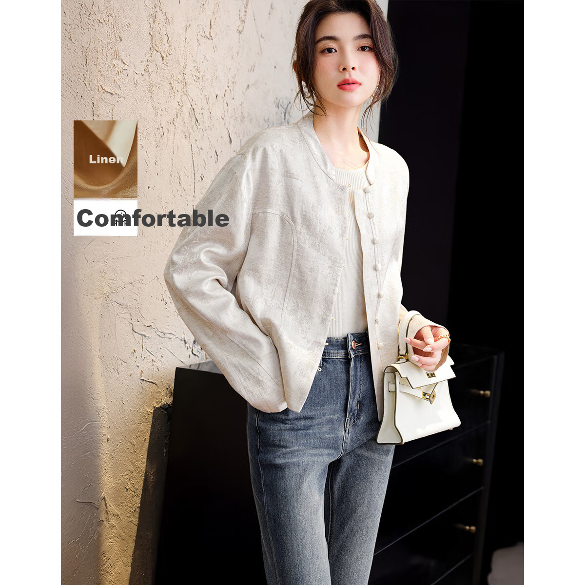 Demana [Rulan Tuyou] Spring and Autumn National Style New Chinese Stand Collar Jacquard Button Pleated Short Jacket for Women