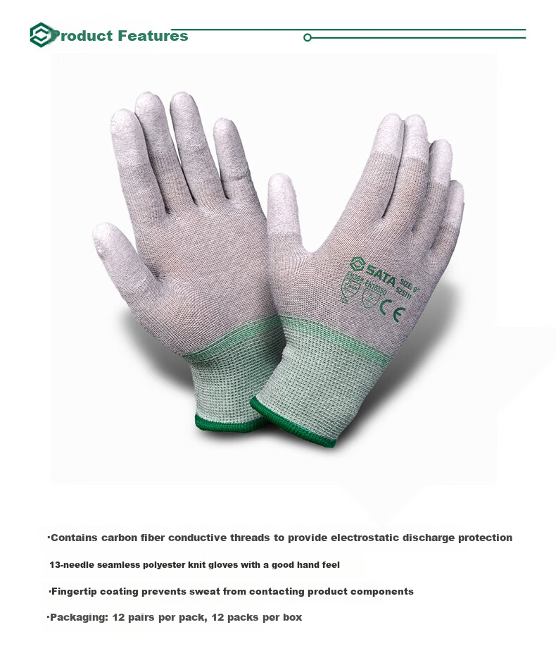 SATA 525111 Work Safety Anti-Wear Non-Slip Workshop Factory PU Coated Anti-Static Work Gloves Size 8, 12 Pairs/Pack 3