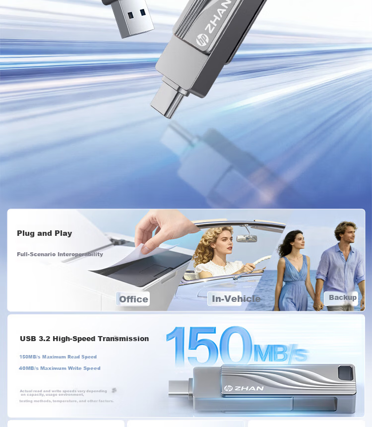 HP 256GB Type-C + USB 3.2 Dual Interface USB Flash Drive High-Speed Transfer Zhan66 Metal Rotating Office Car Backup Universal Phone and Computer Dual-Use USB Drive Silver 2