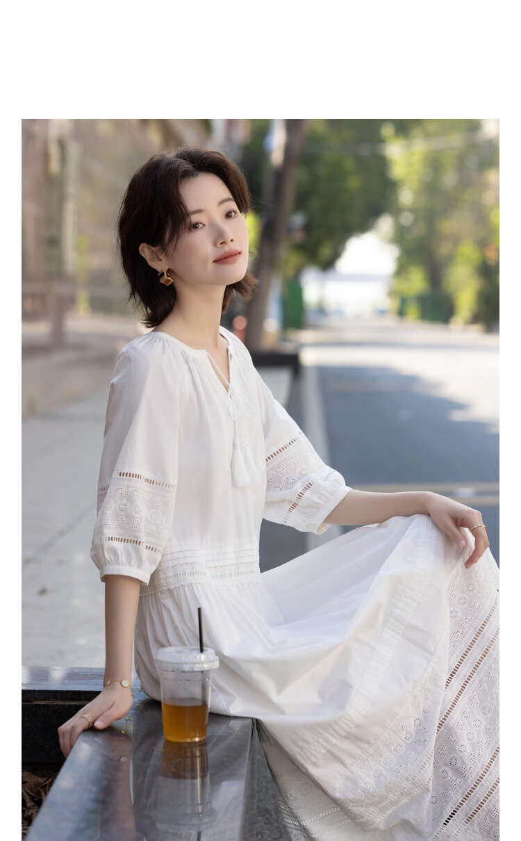 Demana Fresh Cotton Summer Elegant Tassel Ribbon Waist Slimming Conceal Body Dress for Women High-End Feel 10