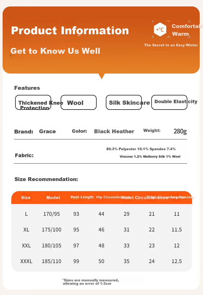 Grace Men's Thermal Fleece-Lined Thickened Winter Silk Wool Knee Support Sleep Pants Autumn Inner Fleece Trousers 12