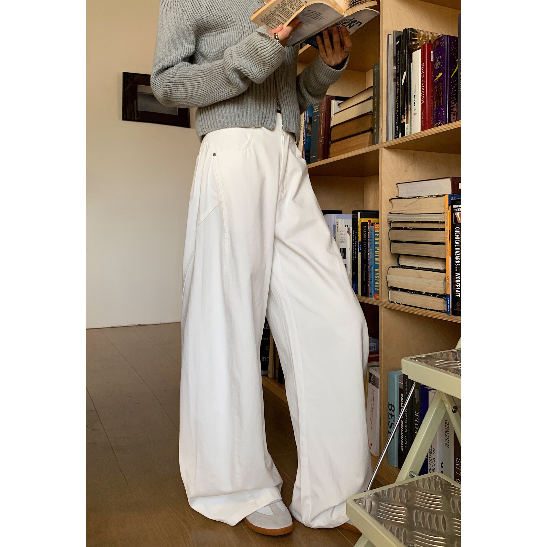 ICH MODE "Versatile Pants King" Spring Summer All-Season Slimming Curved Cut Loose Casual Straight Wide-Leg Pants Off-White S