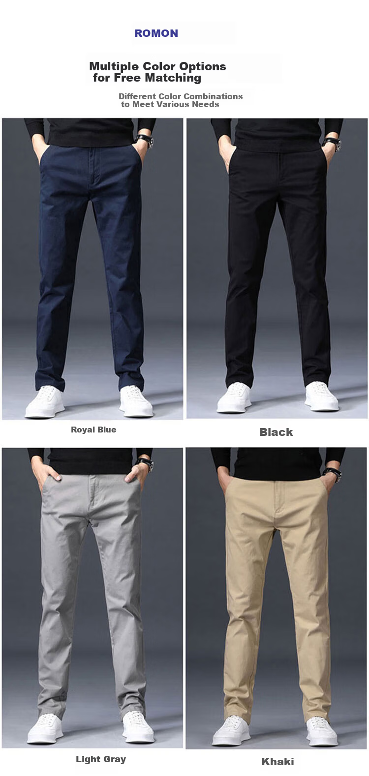 ROMON Men's Spring New Business Casual Pants High Cotton Loose Straight Long Pants Royal Blue 28 9