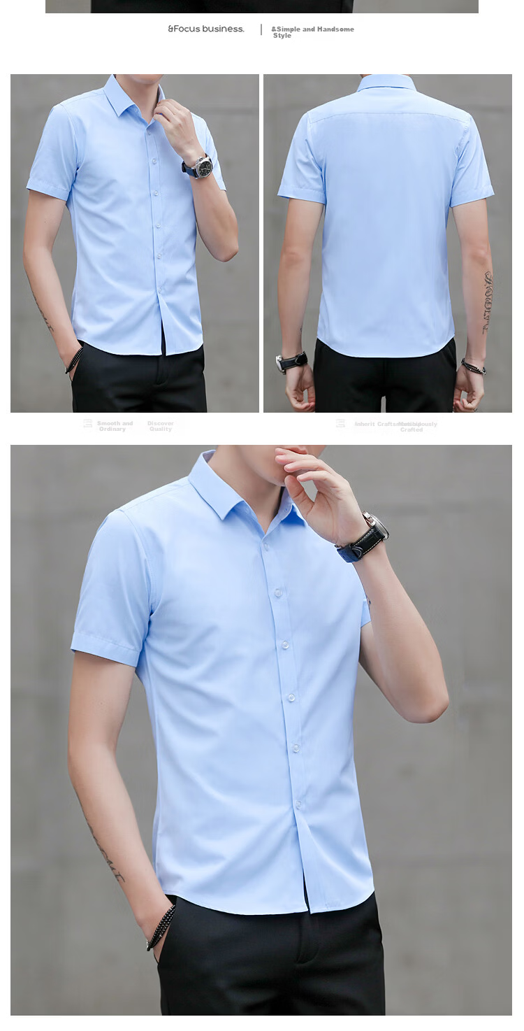 Woodpecker Plain Solid Color Men's Summer Business Wrinkle-Free Dress Shirt Suit Groomsman Long Sleeve White 41 47