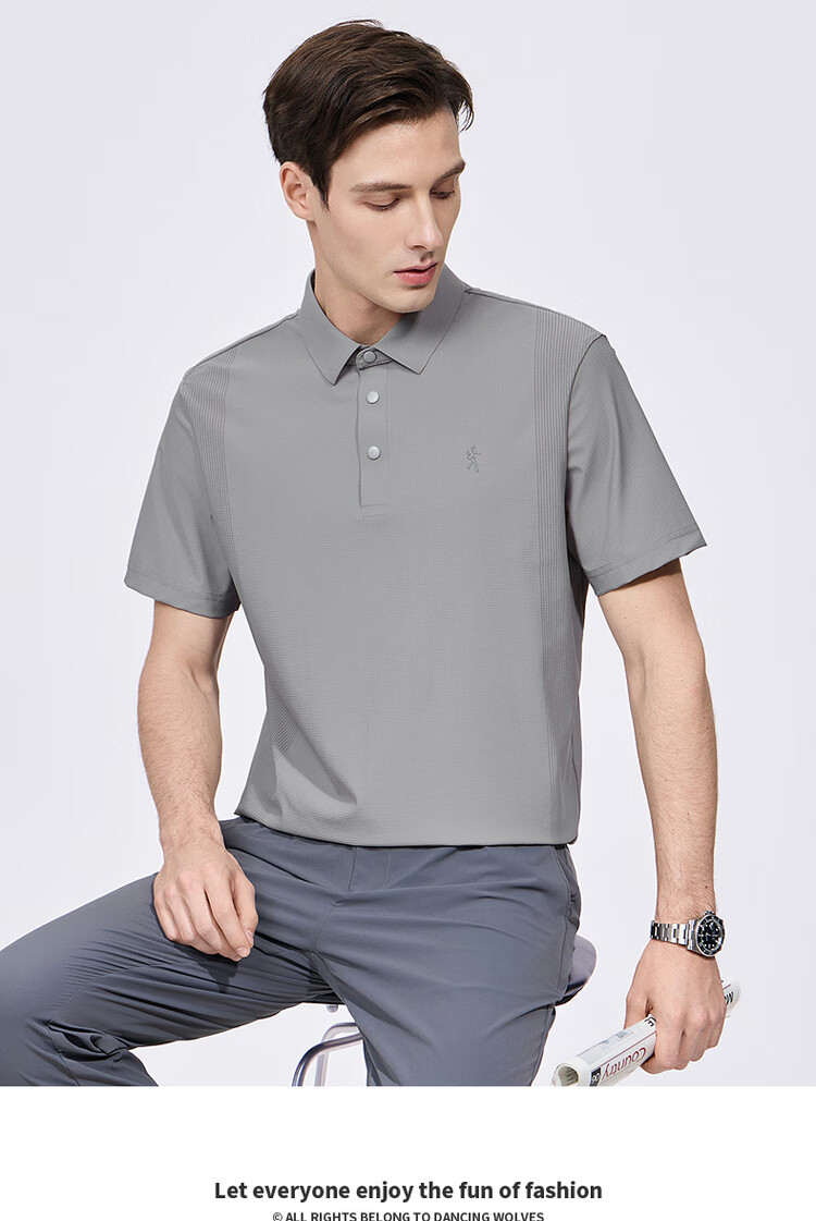 Dance with Wolves [Cool to the Touch] Lightweight High Elasticity Turn-down Collar Summer Small Check Ice Silk Short Sleeve Polo Shirt Men 008 Green Gray L 3