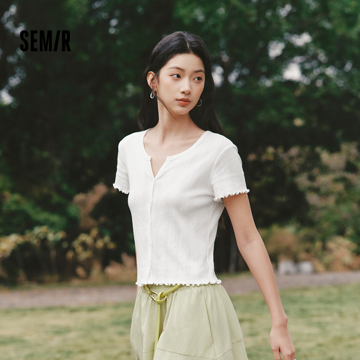 Semir Women's Summer Short Sleeve T-Shirt Short Hollow Textured Slim Fit Cotton Ruffled Edge 2026 Cardigan 109326100008